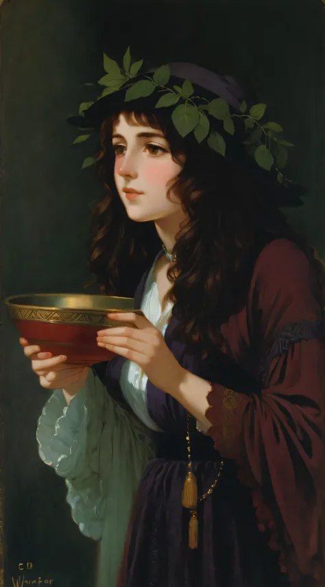 a painting of a woman holding a bowl and a bowl of food, henry meynell rheam, by Walter Leighton Clark, by Edward Arthur Walton, by William Edouard Scott, by E. Charlton Fortune, ledmund leighton, pre-raphaelite oil painting, by William Blake Richmond, joh...