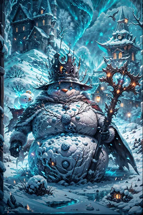 (a)high-quality,4k,photo-realistic:1.37,(b)dark,grim,(c)scene:imposing towering snowman king sitting on an icy throne,(d)scene:o...