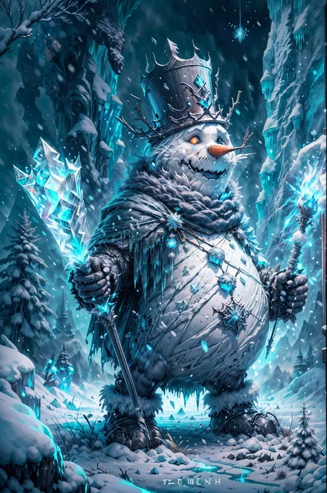 (a)high-quality,4k,photo-realistic:1.37,(b)dark,grim,(c)scene:imposing towering snowman king sitting on an icy throne,(d)scene:ominous dark castle in the background,(e)scene:icy landscape with snow-covered trees and mountains,(f)character:snowman king with...