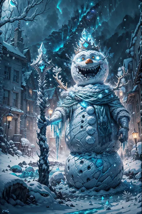 (a)high-quality,4k,photo-realistic:1.37,(b)dark,grim,(c)scene:imposing towering snowman king sitting on an icy throne,(d)scene:ominous dark castle in the background,(e)scene:icy landscape with snow-covered trees and mountains,(f)character:snowman king with...