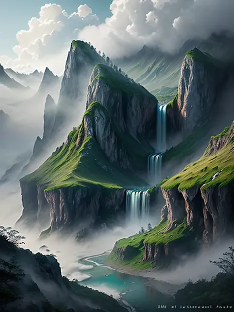 Beautiful scenes，depth of fields，8K，A waterfall cascades down from the top of the mountain，rapidly，Rapidly，water fog，fog atmosphere，There are peaks on both sides，The background plus Zhang Xu’s wild grass，In addition, add the text on the cover &quot;Wild Ga...