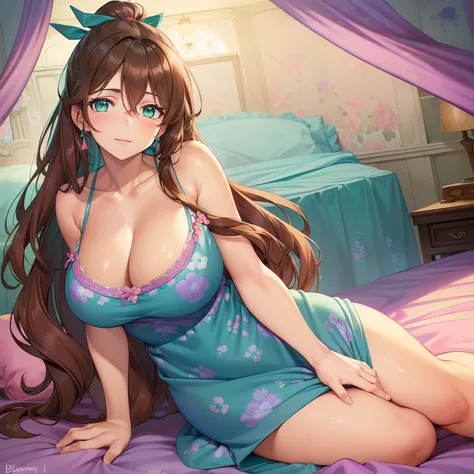 Masterpiece, Best Quality, (((Solo mature woman))), (((Brown hair))), Ponytail, Large chest, huge boobs, (((wide hips))), (((aqua green eyes))), full lips, seductive smile, cleavage, sitting on bed, bedroom, blushing, (((wearing blue summer dress with pink...