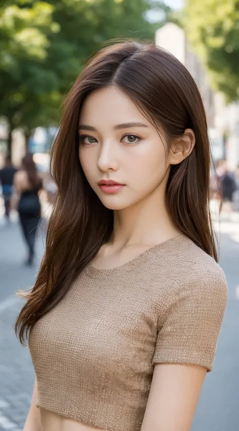 ((Top Quality, 8k, Masterpiece: 1.3)), Sharp Focus: 1.2, Beautiful Women with Perfect Style: 1.4, Slender Abs: 1.2, ((Dark Brown Hair, Small: 1.2)), (Natural Light, City Street: 1.1), Highly Detailed Face and Skin Texture, Detailed Eyes, Double Eyelids