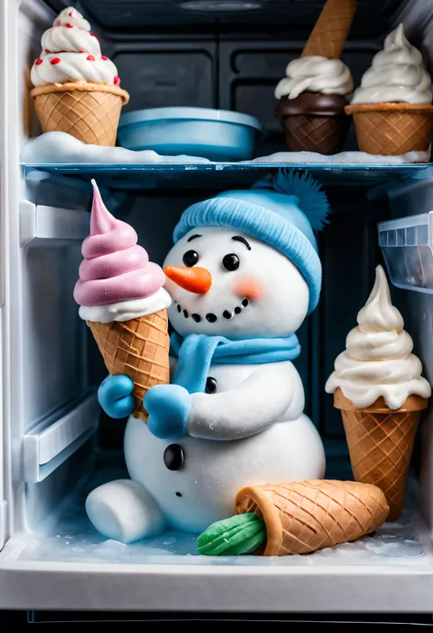 A small snowman in the freezer compartment of the refrigerator, a melting snowman, ice cream and frozen foods in the freezer, precious memories