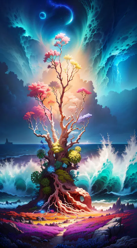 painting of a tree with a lot of flowers on a beach, fantasy magical vegetation, fantasy tree, dreamlike digital painting, surreal concept art, stylized digital art, surreal and fantasy art, beautiful digital artwork, epic surrealism 8k oil painting, whims...