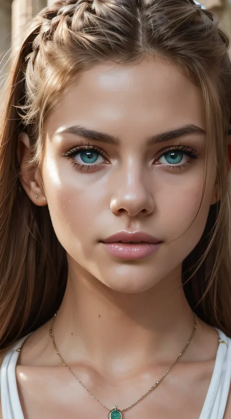 ((A realistic photo of a 20-year-old girl)), ((extremely beautiful)), ((cute face)), ((brunette)), ((green eyes)), ((extra long braided ponytail front side on her shoulder)), (medium breasts:1.4), (body fit: 1.0), (slender abs), (moderate hips: 1.4), (real...