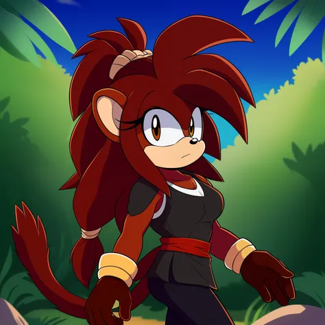 Female, Mobian, Hedgehog, Hedgehog ears, with a dark reddish hair, a brown animal pelt, and a lashing Saiyan monkey tail, a monkey tail, hair tied, brown animal skin pelt, hair tied, long wild spiky hair, hair over shoulders, mane of hair down back, (maste...