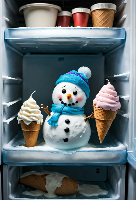 A small snowman in the freezer compartment of the refrigerator, Looks like it&#39;s going to melt, There is ice cream or frozen food in the freezer.