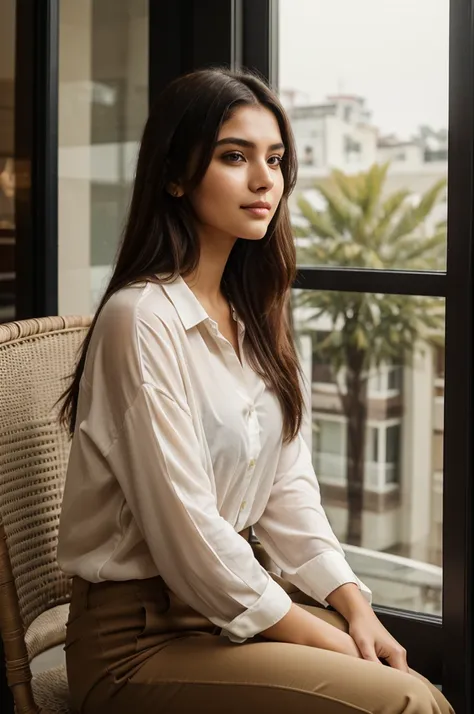 Beautiful ,23 years young girl,confident looking,8k,realistic,dark brown hair,fair skin, indian,long hair,clear facial features, wearing oversized shirts and pants , sitting on chair and looking outside of window , background of coffee cafe