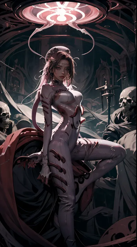 sexy banshee，1个giant breast girl,has cleavage,white straitjacket,face markings,alone,with pink hair,long whitr hair,very long ha...