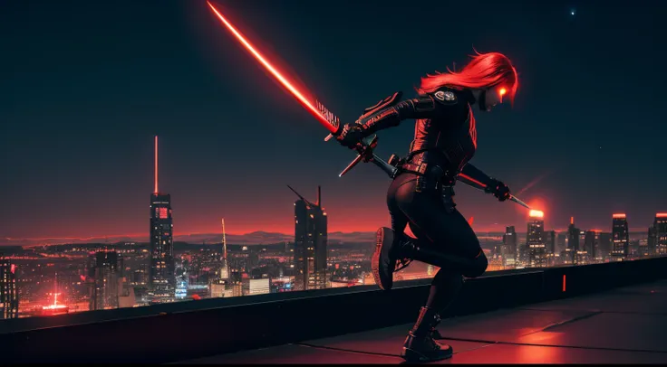 Assassin in full jump with sword, jumping on the rooftops of a futuristic city, illuminated by red neon light, in their symbolic costume, shining in the moonlight., Cinematic wallpaper 4 K, 4K cinematic wallpaper, HQ 4K Phone Wallpaper, Red & Cinematic Lig...