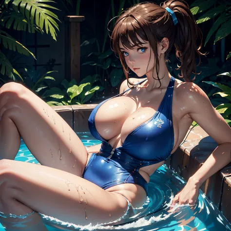 (one female: 1.5) wearing metallic blue one piece swimsuit, brown long ponytail, beautiful blue eyes, showing cleavage, sitting alone in jacuzzi in back yard of house, alone (SOLO: 1.5),(ALONE: 1.5), large chest, curvy, perfect body close shot, best qualit...