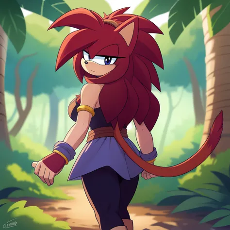 Female, Mobian, Hedgehog, Hedgehog ears, with a reddish hair, a brown animal pelt, and a lashing Saiyan monkey tail, a monkey tail, hair tied, brown animal skin pelt, hair tied, long wild spiky hair, hair over shoulders, mane of hair down back, (masterpiec...