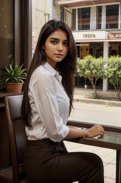 Beautiful ,23 years young girl,confident looking,8k,realistic,dark brown hair,fair skin, indian,long hair,clear facial features, wearing oversized shirts and pants , sitting on chair and looking outside of window , background of Indian coffee cafe store, p...