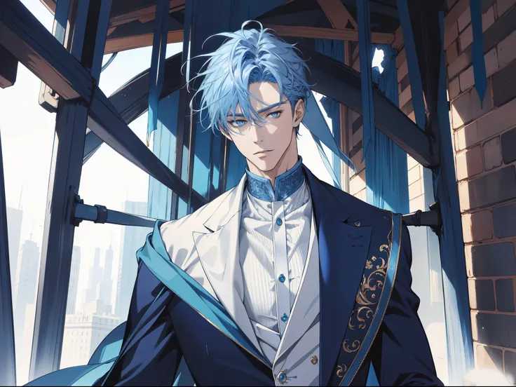 （tmasterpiece，A high resolution，ultra - detailed）， 1 persons， AS-Adult， Handsome， Tall muscular man， broad shoulder， Delicate eyes and delicate face，blue hairs，blue color eyes，Wear a fine suit。