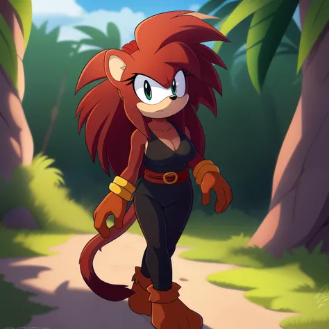 Female, Mobian, Hedgehog, Hedgehog ears, with a reddish hair, a brown animal pelt, and a lashing Saiyan monkey tail, a monkey tail, hair tied, brown animal skin pelt, hair tied, long wild spiky hair, hair over shoulders, mane of hair down back, (masterpiec...