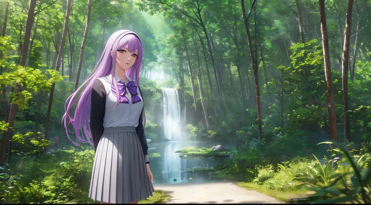 athena with plain long light purple hair,green eyes,rosy cheeks,full lips,thin eyebrows,slender body,school uniform and long skirt,jungle with river,anime style,Lumen Reflections,Screen Space Reflections,Diffraction Grading,Chromatic Aberration,GB Displace...