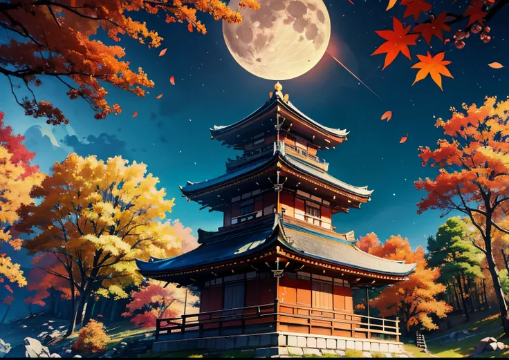 Best Quality、masutepiece、8k、Summit of Mt、mont、((Colored leaves))、temple、Moon Night、fullmoon、jpn