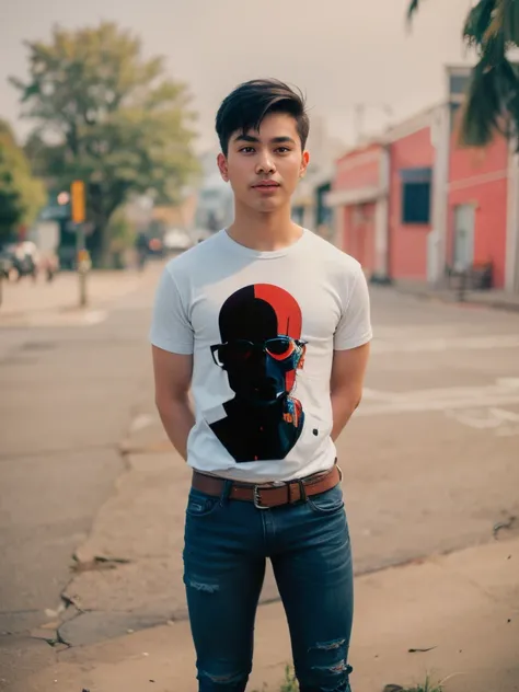 Boy wearing white t-shirt and blue jeans