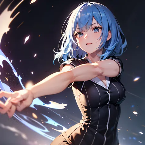 ((masutepiece,Best Quality,Ultra-detailed,8K, 4K )), girl, Aura all over the body, lighting effects, Fighting Pose, Cool, (blue hair change :1.3),( Blue effect:1.4)