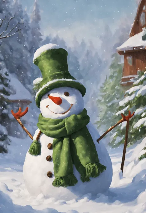 big man made of snow,body made of snow,round head,Snowman face,thick arms,thick legs,Gentle,green linen hat,Green muffler,snowy background,​masterpiece,Fantasia,Walking in the snow