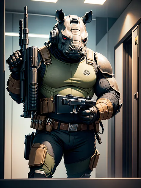 Solo, single, humanoid, rhino, rhinos head, armored suit, ammunition belt, holding a machine gun, holding a gun, standing, smug, combat boots, bank backdrop, bank robber, mutant