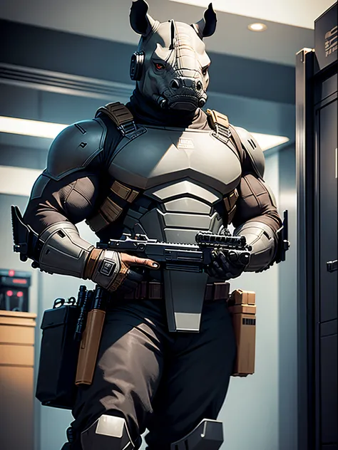 Solo, single, humanoid, rhino, rhinos head, armored suit, ammunition belt, holding a machine gun, holding a gun with two hands, standing, smug, combat boots, bank lobby backdrop, bank robber, mutant