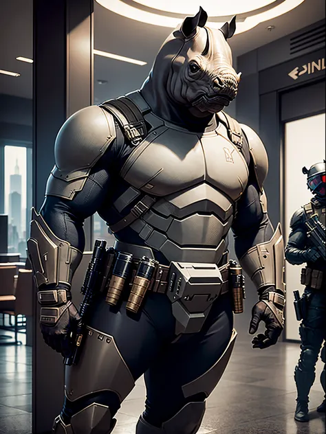 Solo, single, humanoid, rhino, rhinos head, armored suit, ammunition belt, holding a machine gun, holding a gun with two hands, standing, smug, combat boots, bank lobby backdrop, bank robber, mutant