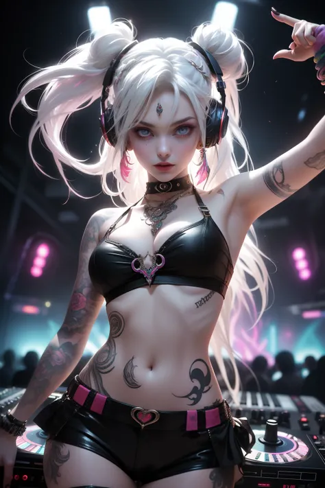 Upper body, Female DJ, Vampires,Wear a bikini，Tattooed with，Red eyes，White hair， Quirky, Vibrant appearance, Playful accessories, Bright colors，Creative behavior, Rambled, Sensual, Spontaneous, DJ headphones, Mixing Console, Music Clubs, night club, Indepe...