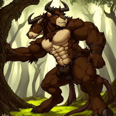 (ancient trees, moss-covered ground, minotaur), mythical creature, detailed anatomy, muscular physique, medium-length horns, high contrast, dynamic composition, high resolution, standing pose, bull-like head, brown fur, furry body,