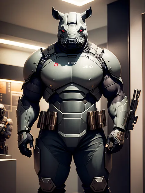 Solo, single, humanoid, rhino, rhinos head, armored suit, ammunition belt, holding a machine gun, holding a gun with two hands, standing, smug, combat boots, bank lobby backdrop, bank robber, mutant