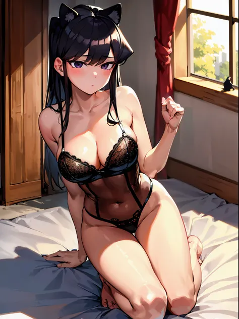 masterpiece, best quality, 1girl, solo, komi-san wa komyushou desu, komi shouko, large breasts, naked, wearing black lingerie, indoors, on a bed, posing seductively, on all fours, bending over, rear view, feet in frame, looking away, shy, cat ears