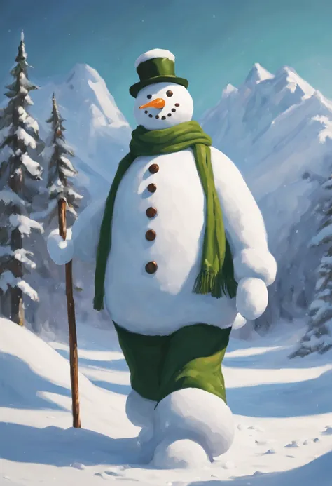 big man made of snow,body made of snow,round head,Snowman face,thick arms,thick legs,Gentle,barechested,Bare legged,green linen sun hat,Green muffler,snowy background,​masterpiece,Fantasia,Walking in the snow,Fancy,A landscape that looks like a picture boo...