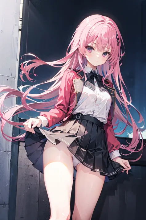 mitsukasa ayas，jaket，The shirt，black short skirt，Dark black stockings，gentleness，urban backdrop，the night，Long straight pink hair,Lift up your skirt yourself, White under underwear, Cute white panties,spread, Lingerie Camelto