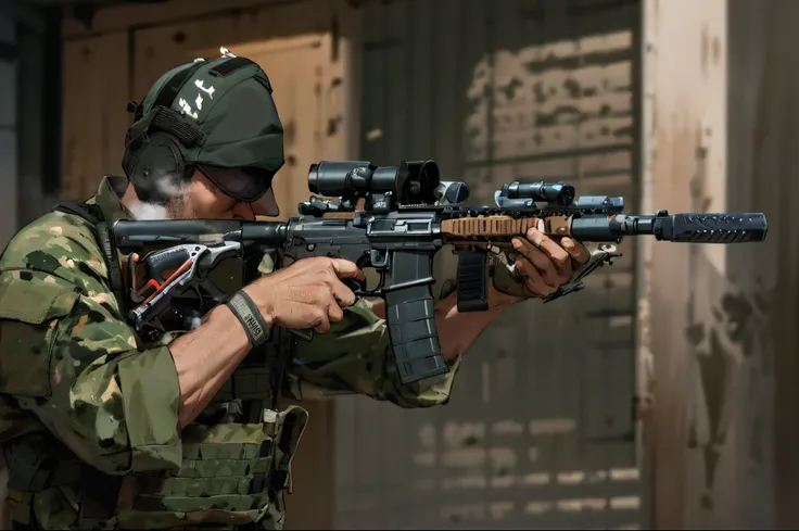 a man in a military uniform holding a rifle and aiming it, firearms photography, airsoft cqb, handling riffle on chest, military photography, combat photography, holding ar-15, holding rifle, holding rifle with suppressor, profile shot, holding pdw, holdin...