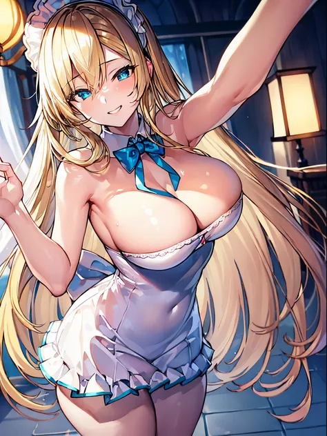 ((Best quality at best, 8K, tmasterpiece: 1.4)),((Stunningly detailed: 1.3)),((lamplight,Large breasts,: 1.2)),((A high resolution: 1.1)),(bluearchive),1 plump girl,Asuna Ichinose,with a halo on his head,Sexy maid outfit,With long bangs,((Long blonde hair)...