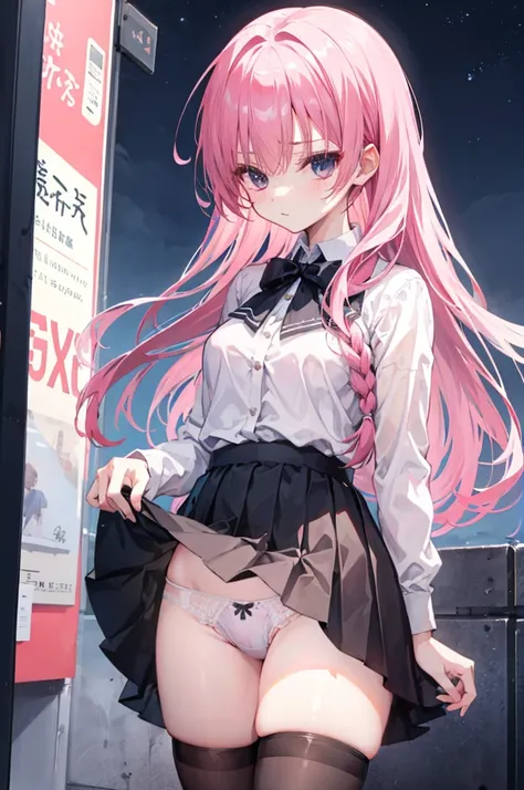 mitsukasa ayas，jaket，The shirt，black short skirt，Dark black stockings，gentleness，urban backdrop，the night，Long straight pink hair,Lift up your skirt yourself, White under underwear, Cute white panties,spread, Lingerie Camelto