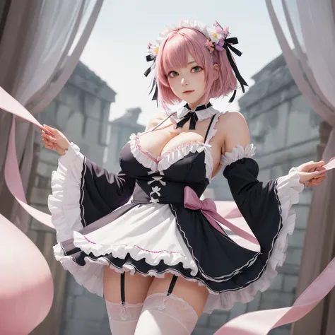 masterpiece, best quality, highres, ram1, 1girl, solo, ram (re:zero), pink hair, white thighhighs, short hair, red eyes, hair over one eye, ribbon trim, hair ribbon, x hair ornament, frills, maid headdress, waist apron, garter straps, black ribbon, small b...