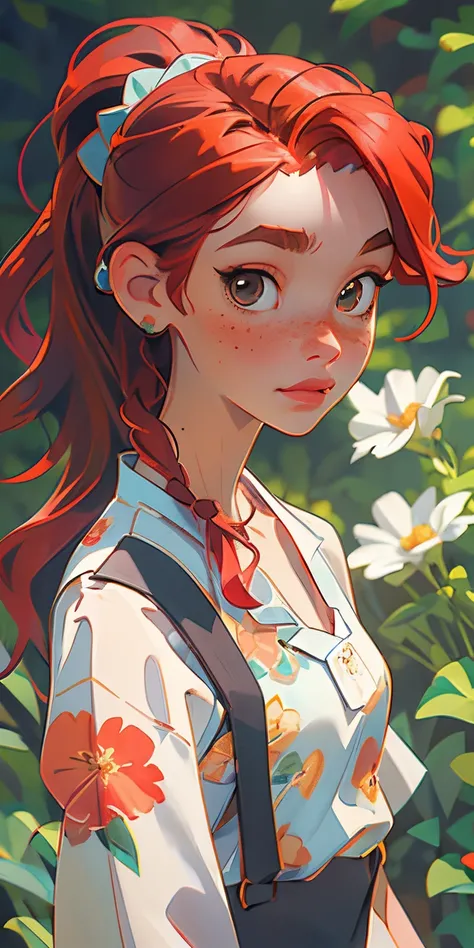 (masterpiece, best quality), 1girl, collarbone, wavy hair, looking at viewer, blurry, upper body, necklace, suspenders, floral print, ponytail, freckles, red hair, sunlight,