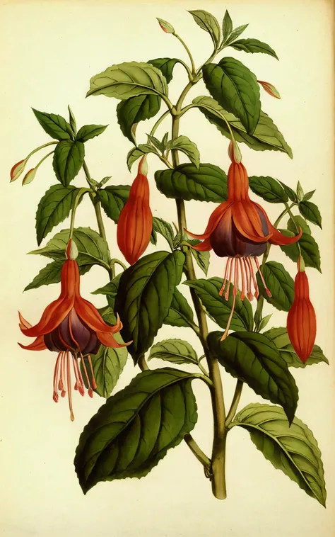 a close up of a plant with flowers and leaves on a white background, fuchsia, botanical illustration, botanical, botanical artwork, botanical photo, botanical art, botanical drawing, botanical print, by Maria Sibylla Merian, an illustration of, by John Zep...