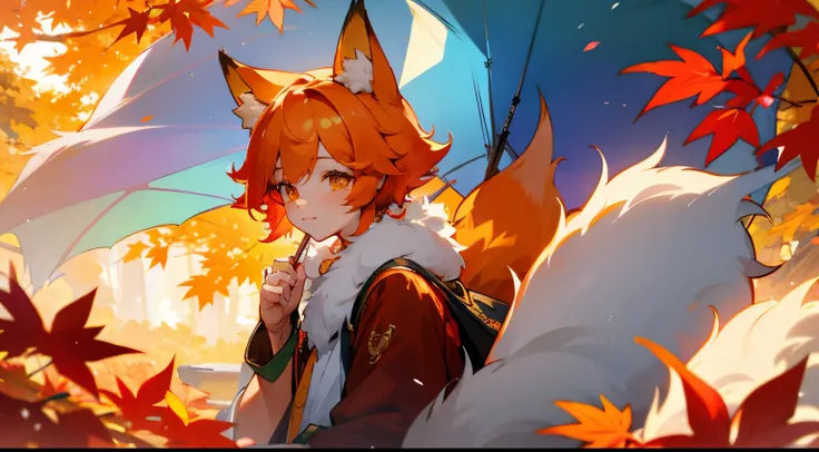 Fox Boy，Beautiful and moving，Hook the soul，Chu Chu pitiful，Charm，autumnal，8K,HD detailed images，I love money，PC Wallpapers，Ambient light，Fluffy tail，，Highly detailed and colorful details