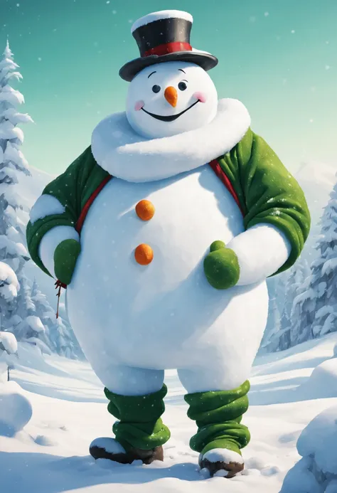 big man made of snow,body made of snow,round head,Snowman face,thick arms,thick legs,Gentle,barechested,Bare legged,Green hat,Green muffler,snowy background,​masterpiece,Fantasia,Walking in the snow,Fancy,(A landscape that looks like a picture book)