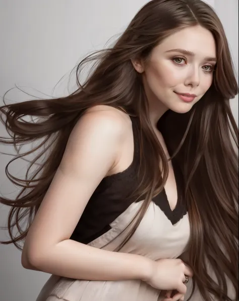 best quality, elizabeth olsen, 1girl, solo, long hair, breasts, looking at viewer, smile, brown hair, black hair, cleavage, uppe...