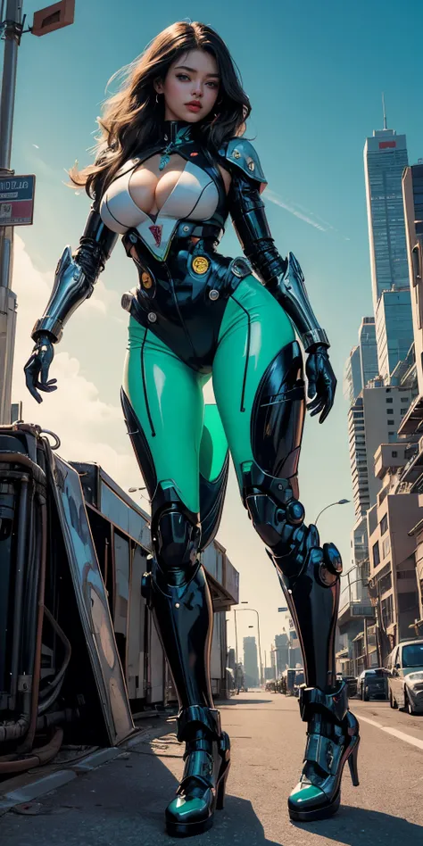 Una chica cyborg retrofuturista muy sexy en otro planeta ,su cuerpo esta hecho de alamabres y mecanica de robot futurista ,tiene grandes tetas y es muy hermosa ,su traje tiene luces de neon y es de color verde