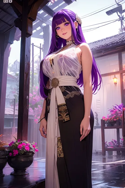 FernFrieren, very long hair, purple eyes, (purple pupils),masterpiece,best quality,night view,rainy,cyberpunk city,wet clothes, kebaya_bali,white_kebaya_bali,large breasts,sweaty smile,show nipples   ,transparent dress ,show armpits,get raped by 1 man