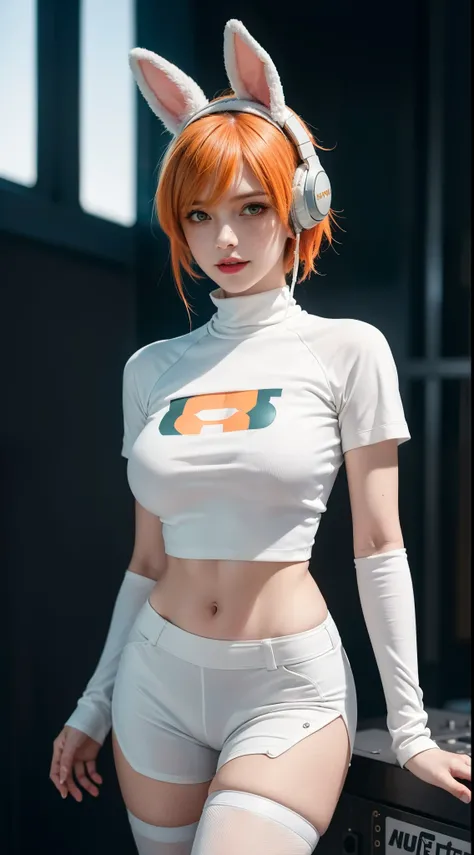 gwen tennyson,tracer,yorha 2b,yshtola rhul,overwatch,nier automata,eva pilot, cyberpunk night club,tattoos,orange and silver plugsuit,white short sleeve pilot top,orange lycra micro shorts,garter belt,uncovered belly,short hair,cute makeup,green eyes,dimen...