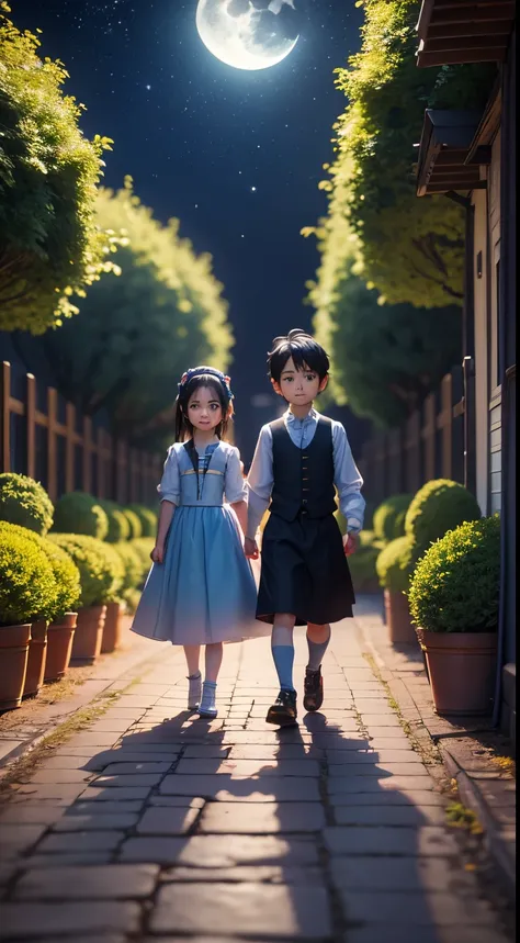 Characters: cute mini girl and cute mini boy, lovely couples, traditional dress, blue eyes, black hair, small characters, 8k, 3D animation. Background: beautiful garden, road, trees, night, moon, stars.