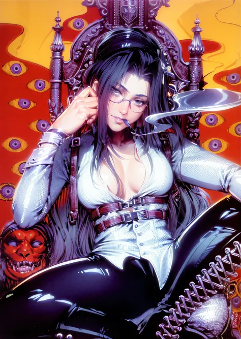 a woman sitting on a chair with a cigar in her mouth, style of yoshitaka amano, inspired by Yoshitaka Amano, inspired by Masamune Shirow, shohei otomo, hajime sorayama style, inspired by amano, bastien yoshitaka amano