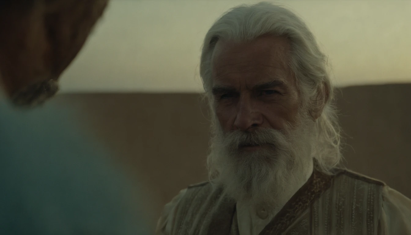 Image of An old man with serious features, with long white hair and beard, who is holding a book with a dark brown leather cover. He lives in the desert, so his body has to be like the people who live in the desert.