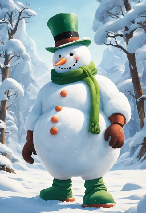 big man made of snow,body made of snow,round head,Snowman face,thick arms,thick legs,Gentle,barechested,Bare legged,Green hat,Green muffler,snowy background,​masterpiece,Fantasia,Walking in the snow,Fancy,(A landscape that looks like a picture book)